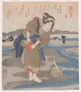 Kvinne fester skjørtene; fra serien Five Pictures of Low Tide av Utagawa Kuniyoshi