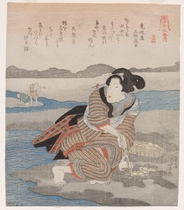 Kvinne graver muslinger; fra serien Five Pictures of Low Tide av Utagawa Kuniyoshi
