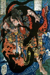 Iwanuma Kichirokurō Nobusato Series: One of the Eight Hundred Heroes of the Water Margin of Our Country (Honchō Suikoden gōketsu happyakunin no hitori), ca. 1836 av Utagawa Kuniyoshi