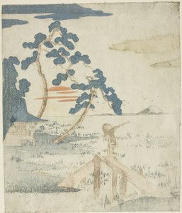 Man Crossing a Bridge as the Sun Rises, fra en utgave uten tittel (uten poesi) av illustrasjonene til serien "Five Prints of Mount Fuji (Fuji goban no uchi)" av Utagawa Kuniyoshi