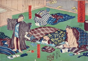 Moralsk undervisning for shopboys, gir gode og dårlige eksempler på oppførsel, 1857 (farget treblokktrykk) av Utagawa Kuniyoshi