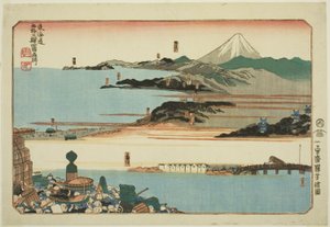 Nihonbashi, Shinagawa, Kawasaki og Kanagawa, fra serien "Famous Places on the Fifty-tre Stations of the Tokaido, Four Stations (Tokaido gojusan eki yonshuku meisho)" av Utagawa Kuniyoshi