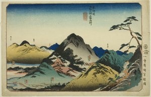 Nissaka, Kakegawa, Fukuroi, Mitsuke og Hamamatsu, fra serien "Famous Places on the Fifty-tre Stations of the Tokaido, Five Stations (Tokaido gojusan eki goshuku meisho)" av Utagawa Kuniyoshi