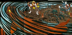 Oniwaka-maru i ferd med å angripe den monstrøse karpen av Utagawa Kuniyoshi