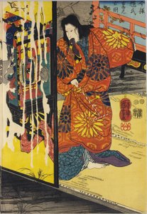 Part of a colour woodblock triptych print entitled Imayo Teruuji furudera no kozu av Utagawa Kuniyoshi