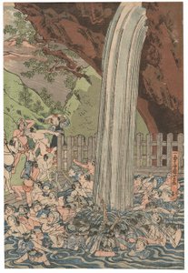 Pilegrimer ved Roben-fossen ved Oyama, signert Ichiyusai Kuniyoshi, utgitt av Azumaya Daisuke, kiwame-sel, Oban tate-e triptych (treblokktrykk i farger) av Utagawa Kuniyoshi