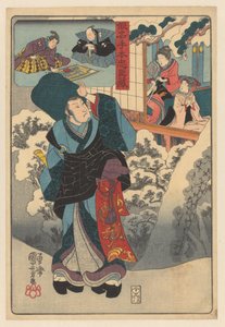 Reisende munk i et snølandskap ser på et rom med en kvinne og et barn Kanadehon chhûshingura (serietittel på objekt) av Utagawa Kuniyoshi