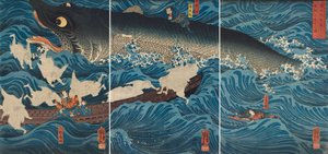 En figur som redder Tametomo gjennom medlemmene av Sanuki, 1851. av Utagawa Kuniyoshi