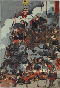 Sheet from a colour woodblock print triptych, entitled Eiroku yonnen kugatsu yokka Kawanakajima kassen ni Yamamoto Kansuke ny?d? no uchijini no zu av Utagawa Kuniyoshi