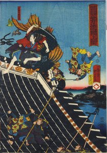 Ark fra en triptyk med farget treblokk, med tittelen H?ryukaku sh? no zu som viser en scene fra Hakkenden i Takiwzawa Bakin som viser en kamp på tempeltaket mellom Inuzuka Shino av Utagawa Kuniyoshi