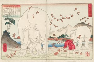Taishun som hakker en åker ved hjelp av elefanter og en flokk spurver, signert Ichiyusai Kuniyoshi ga, ca. 1843 (farget treblokktrykk) av Utagawa Kuniyoshi