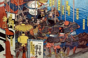 Takeda Shingen knuser kreftene til Suwa Yorishige (Takeda Shingen Suwa Yorishige no jinchū o uchi-kuzusu zu), ca. 1850-51 av Utagawa Kuniyoshi