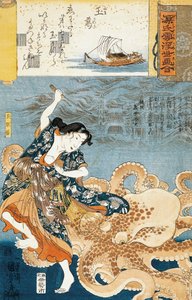 Tamatori (kvinnelig ama dykker), blir angrepet av blekksprut mens han griper hellig juvel av Utagawa Kuniyoshi
