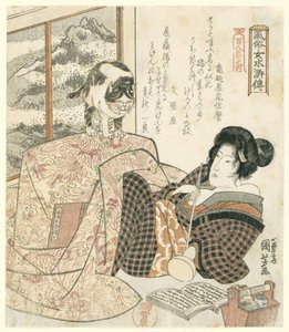 Kvinne med katt på bordet Elegant Women as the Heroes of the Suikoden - fra en serie av One Hundred and Eight (serietittel) Fûzoku onna Suikoden - Hyakuhachiban no uchi (serietittel på objekt) av Utagawa Kuniyoshi