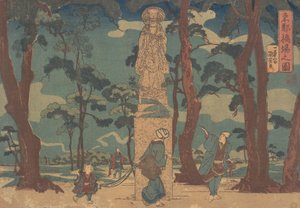 Wayfarers ser på statuen av Jizo Bosatsu i en furulund ved Hashiba, ca. 1840., av Utagawa Kuniyoshi