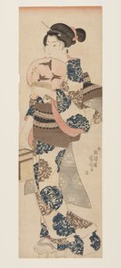 Kvinne med vifte og insektbur (farget treblokktrykk) av Utagawa Kuniyoshi