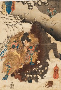 Treblokktrykk - Chinzei Hachiro Tametomo styrter et villsvin i de snødekte fjellene i Mashik av Utagawa Kuniyoshi