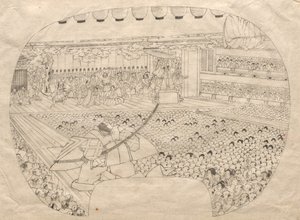 Design for vifteformet trykk av Kabuki Theatre av Utagawa Sadahide