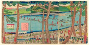 P Roterende lyd av Minamoto no Yoritomo a c Ross tee Rive r av Utagawa Sadahide