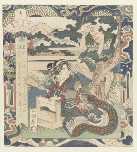 Kvinne opptatt med å tove stoff Tôi-elven i Settsu, nummer tre Tôi - sono san (tittel på objekt) The Six Jewel Rivers (serietittel) Mutamagawa no uchi (serietittel på objekt)