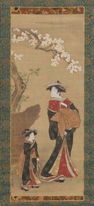 Courtesan og hennes ledsager under et kirsebærtre, tidlig på 1800-tallet.