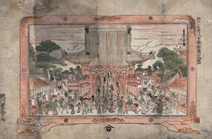 Folk går inn i et stort tempel. Utenfor er det handelsboder. Trykk av et maleri i ramme med føtter, ca. 1770. Utagawa Toyoharu (1735–1814) japansk ukiyo-e-kunstner. Folkemengde religion tilbedelse