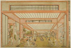 Utsikt over mottaksrommene i Japan - Underholdning på rottens dag i moderne stil (Uki-e wakoku keiseki ozashiki imayo ne no hi no asobi no zu)
