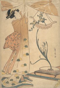 En kvinne som binder opp et gardin, et blomsterarrangement av krysantemum i en båtformet ha..., ca. 1805. av Utagawa Toyohiro