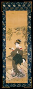 Et portrett i full lengde av en kvinne som stiller shamisen på en veranda (sumi, gofun og farge på silke); av Utagawa Toyokuni