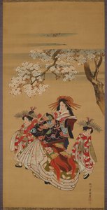 Kurtisane med to kamuro under kirsebærblomster av Utagawa Toyokuni