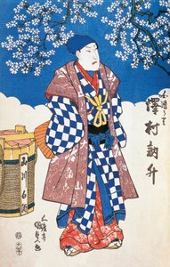 Japansk skuespiller i kimono og bakgrunn dekorert med epleblomster, av Utagawa Toyokuni, tresnitt av Utagawa Toyokuni