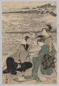 Mann og to kvinner ved kysten, 1769-1825. av Utagawa Toyokuni