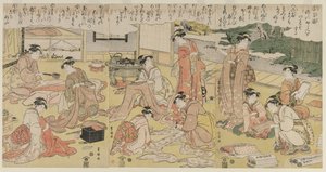 Kvinner som lager klær, tidlig på 1790-tallet. av Utagawa Toyokuni
