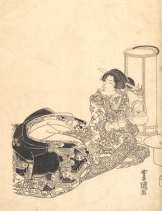 Courtesane eller skuespiller som kurtisane som skjenker te ved lyset fra en lykt. av Utagawa Toyokuni I