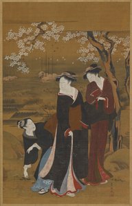 Tre kvinner under et blomstrende kirsebærtre ved kysten, 1769-1825. av Utagawa Toyokuni I