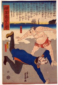 Lutteur sumo jetant un etranger - Sumo Wrestler Tossing a Foreigner av Yoshiiku, Utagawa (1833-1904). Fargetresnitt, størrelse: 36,2x23,8 av Utagawa Yoshiiku