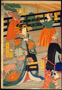 Bilde av en bankett med mennesker fra fem nasjoner på tehuset Gankiro (Gokakoku gankiro ni oite sakamori no zu) av Utagawa Yoshiiku
