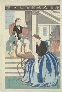 Vestlig kvinne bak en symaskin Gaikokujin ifuku shitate no zu (tittel på objekt) Bilde av en utlending som lager klær av Utagawa Yoshikazu