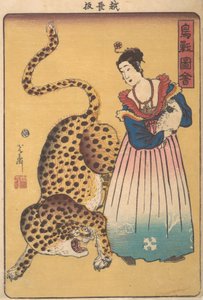 "Dutchwoman with Leopard," fra serien Pictures of Birds and Animals Choju..., 7. måned, 1860.