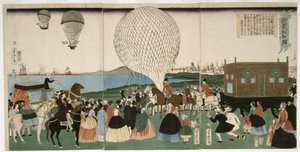Ballongtur i Amerika, pub. 1865 (håndfarget tresnitt) av Utagawa Yoshitora