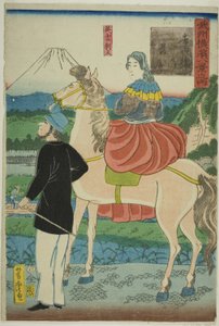 English Watching Descending Geese at Yoshida Bridge (Yoshida-bashi no rakugan, Igirisujin) , fra serien "Eight Views of Yokohama in Musashino Province (Bushu Yokohama hakkei no uchi)" av Utagawa Yoshitora