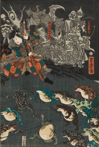 Froskeånden Nikushi tryller frem et magisk slag av frosker ved Tateyama i Etchu-provinsen, 1864 av Utagawa Yoshitora