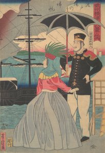 Returning Sails at the Wharves [amerikansk par], 1. måned, 1861. av Utagawa Yoshitora