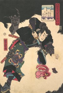 The Warrior Slaying the Giant White Hihi, 1859, 2. måned. av Utagawa Yoshitora