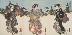 Scene fra Genji monogatari (Tale of Genji) av Murasaki Shibuku (f. 978) ca. 1860 (treblokktrykk i farger)