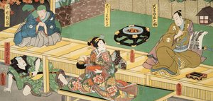 Scene fra Genji monogatari (Tale of Genji) av Murasaki Shibuku (f. 978) ca. 1860 (treblokktrykk i farger)