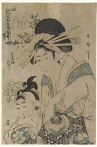 Tanabata: Kurtisanen Tsukioka fra Tamaya-huset Tanabata: Tamaya uchi Tsukioka (tittel på objekt) Dikt på blomsterpapir for de fem sesongene (serietittel) Hana no irogami gosetsu yomiuta (serietittel på objekt) av Utamaro (II) , Kitagawa (attributed to)