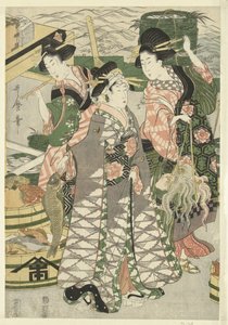 Utsikt over fiskemarkedet på stranden i Shiba [Shiba] no ura uoichi no zu av Utamaro (II) , Kitagawa