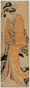 Geisha står ved siden av en Shamisen-sak, ca. 1810.