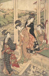 Gruppe kvinner på Engawa av et landsted, i tiden for kirsebærblomstringen,..., ca. 1806.